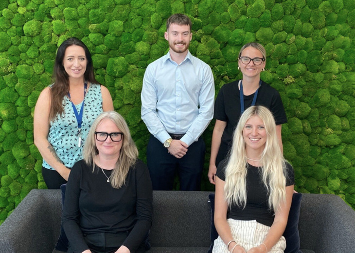 Left to Right, back row: Michelle Graham procurement coordinator for Facilities Management & Fleet category, Jake Pattison procurement coordinator for Corporate Services & ICT category, Ruth Long procurement coordinator for NEPRO3 framework. Left to Right, front row: Claire Darling-Cooper procurement coordinator for Construction category, Hannah Nelson procurement coordinator for Energy category