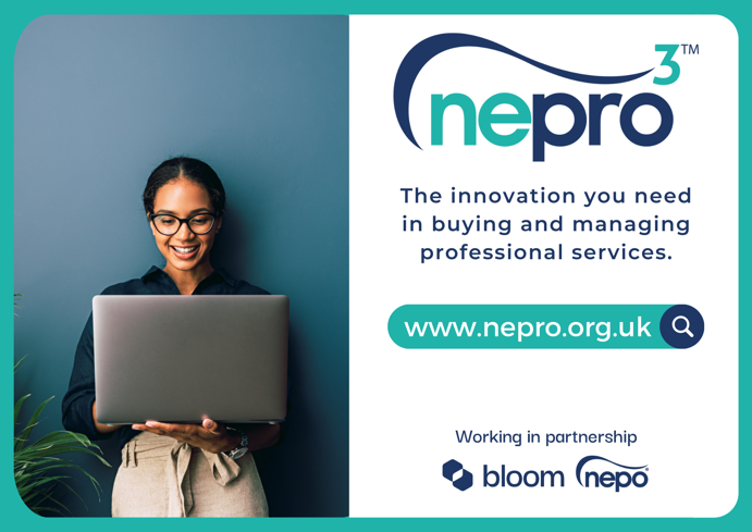 Photo of woman smiling while looking at laptop screen with next alongside her reading "NEPRO3 - The innovation you need in buying and managing professional services. www.nepro.org.uk - working in partnership Bloom and NEPO."
