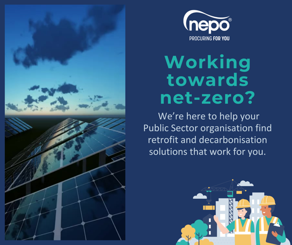 Photo of solar panels at sunset with text alongside reading: Working towards net-zero? We're here to help your Public Sector organisation find retrofit and decarbonisation solutions that work for you.