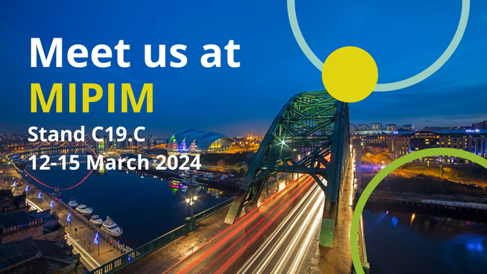 Photo of Newcastle Quayside with banner reading: Meet us at MIPIM Stand C19.C 12-15 March 2024